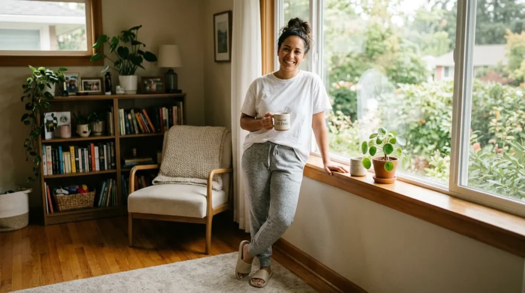 Nurse dressed comfortably in joggers and a t-shirt on her day off, relaxing at home after a long hospital shift
