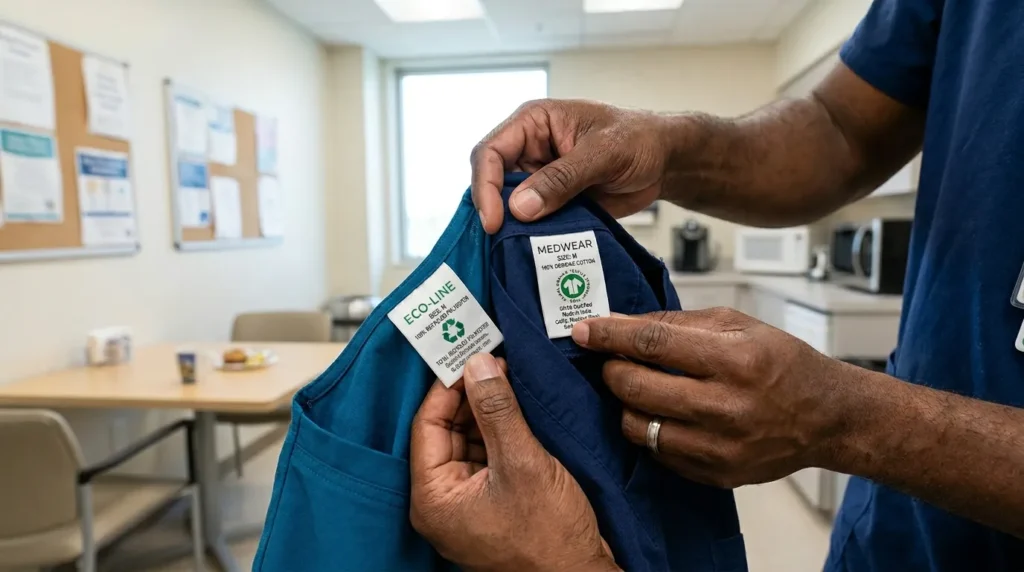 Nurse examining scrub labels for sustainability certifications and fabric composition