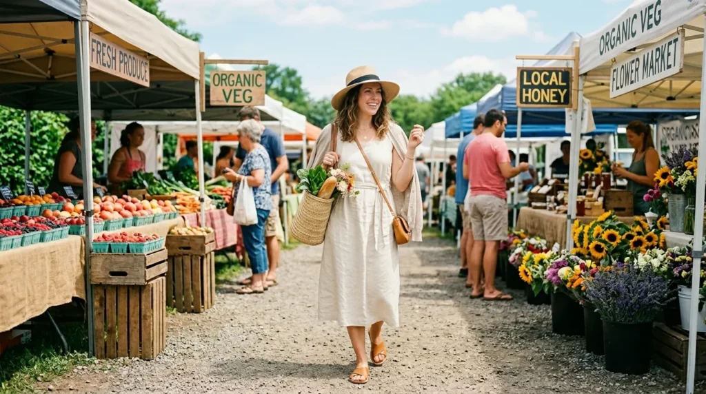 Nurse in a warm-weather off-duty outfit of a linen midi dress and flat sandals exploring a sunny farmers' market on her day off