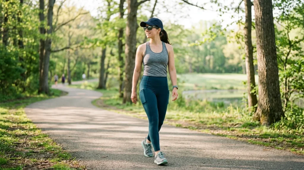 Nurse in active recovery outfit — athletic leggings, moisture-wicking tank, and walking shoes — on a morning park walk on her day off