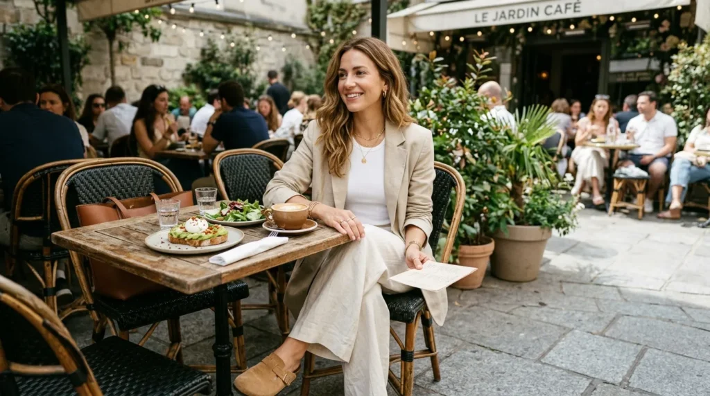 Nurse in an elevated off-duty weekend brunch outfit featuring wide-leg linen pants, a ribbed tank, and a structured blazer