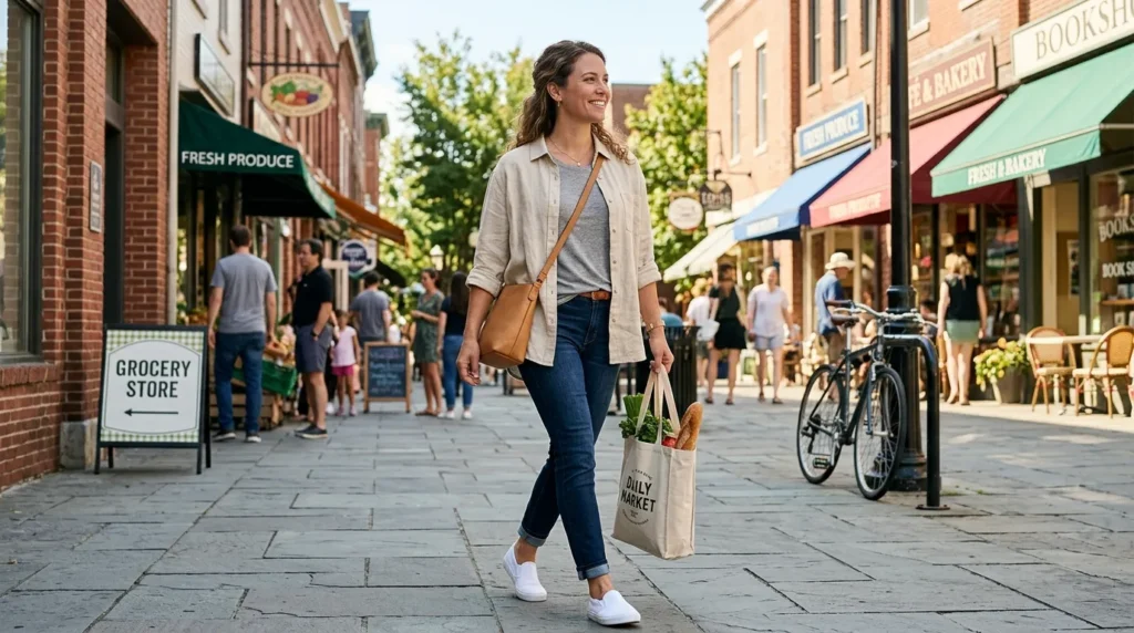 Nurse in an errands-ready comfortable outfit of stretch jeans, linen shirt, and white sneakers running daytime errands on her day off
