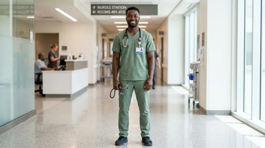 Nurse in eco-friendly green scrubs standing in a hospital corridor holding a stethoscope