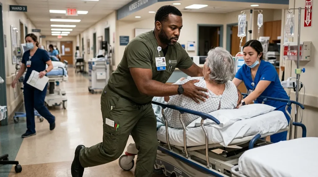 Nurse in rugged, durable Carhartt-style scrubs assisting with a patient transfer in a hospital