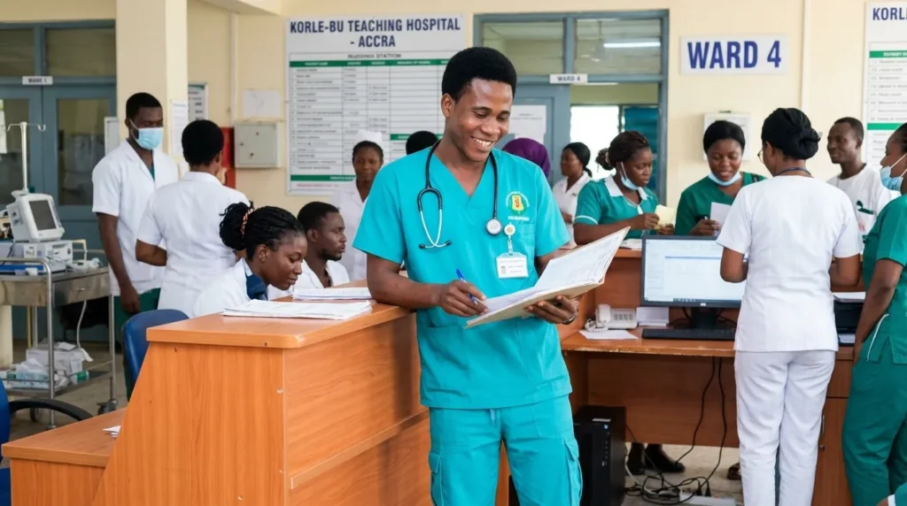 Abdul-Muumin wedraogo in teal scrubs with cargo pockets at a hospital nursing station