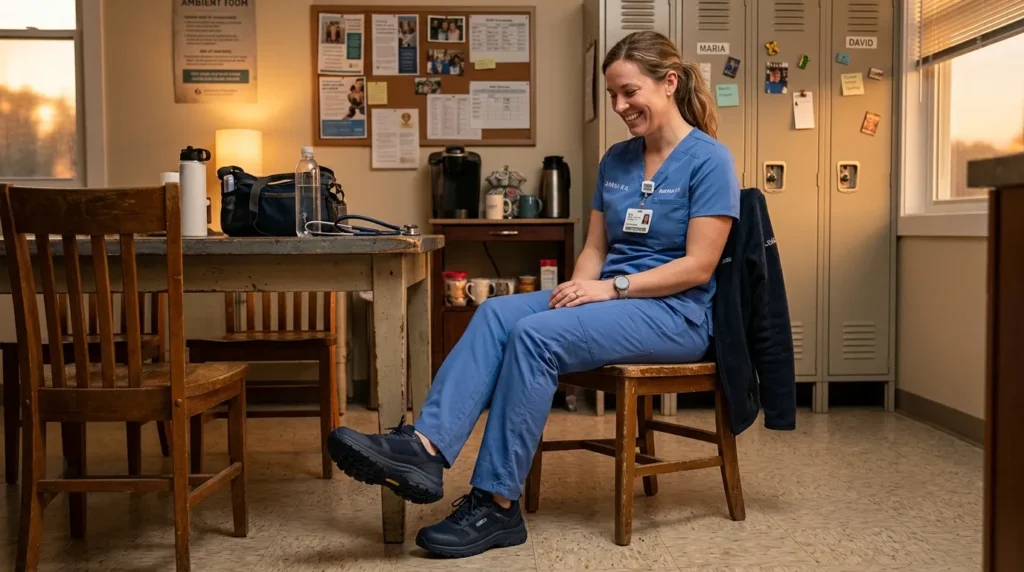 Nurse satisfied at end of long hospital shift with clean waterproof nursing shoes still in excellent condition
