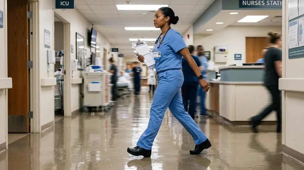 Nurse walking confidently on a wet hospital floor wearing slip-resistant waterproof nursing shoes