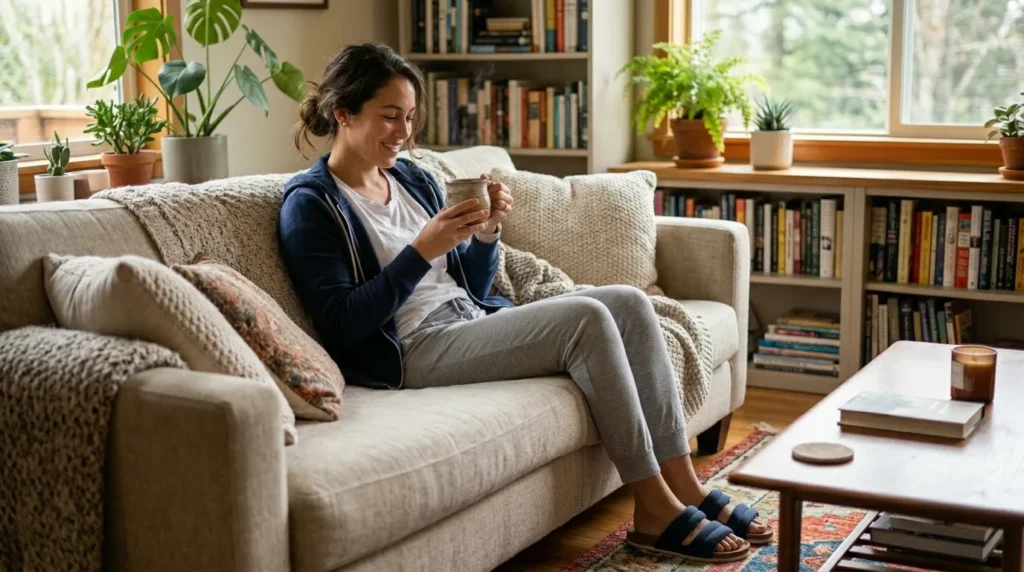 Nurse wearing a classic recovery day outfit — gray joggers, white t-shirt, navy hoodie, and slide sandals — relaxing at home