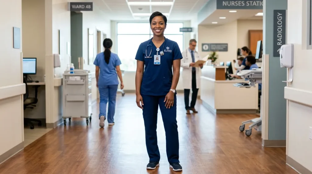 Nurse wearing comfortable modern scrubs in a hospital corridor
