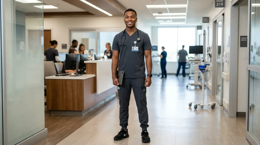 Nurse wearing modern FIGS jogger-style scrubs with functional pockets in a hospital setting