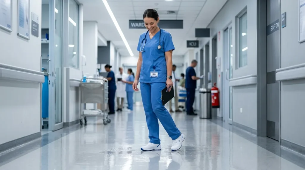 Nurse wearing waterproof nursing shoes in a hospital corridor with a wet floor