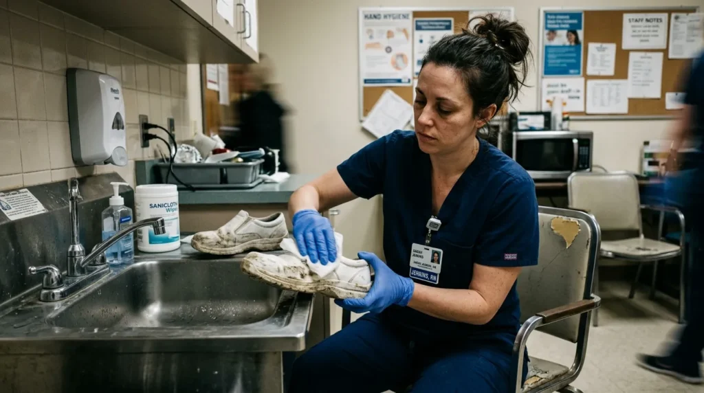 Nurse wiping down waterproof nursing shoes with disinfectant wipe after a long hospital shift