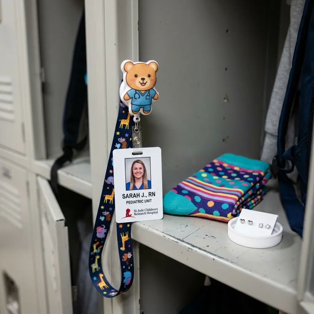Pediatric nurse accessories including a character badge reel, colorful compression socks, and stud earrings