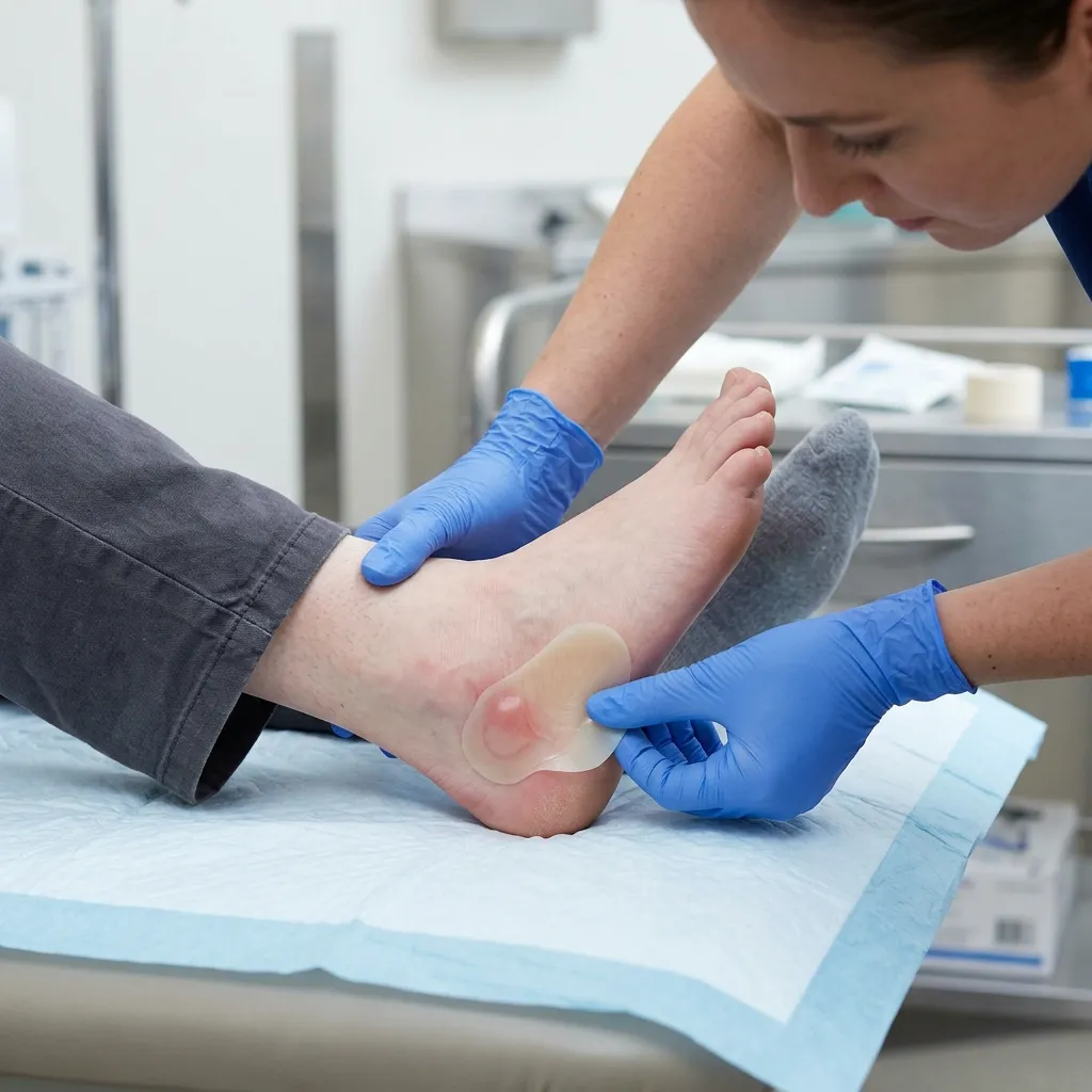 A nurse applying a hydrocolloid dressing to a blister on her heel to protect it during a hospital shift