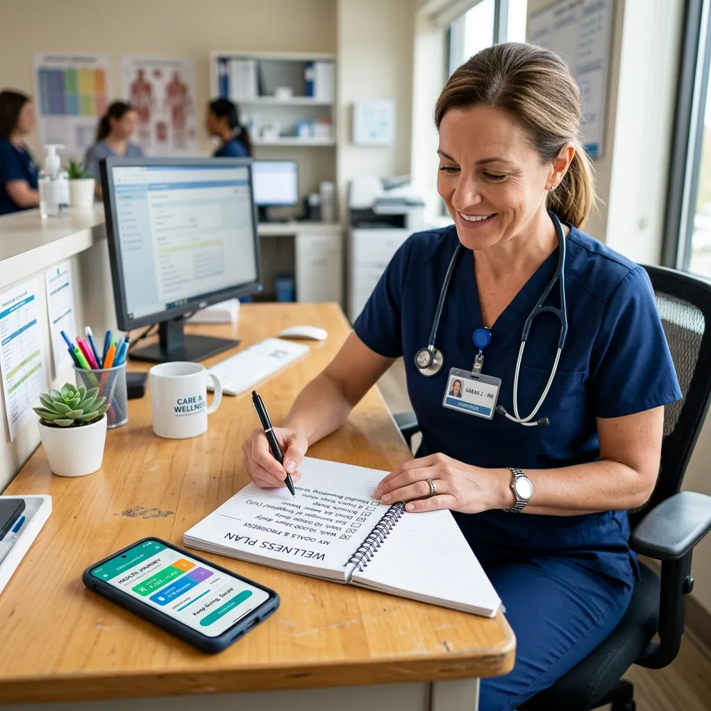 Nurse writing a personal wellness action plan in a notebook with goals and self-care strategies listed