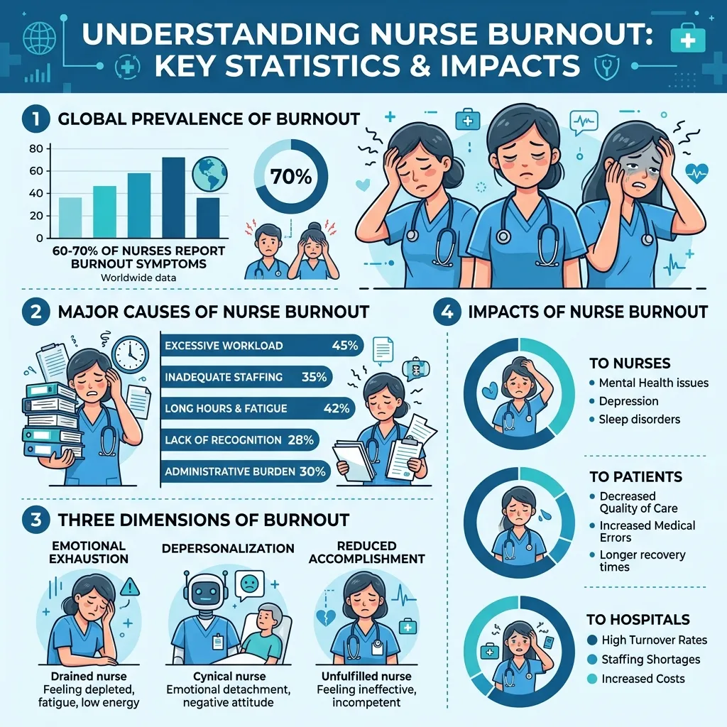 Infographic showing nurse burnout statistics including stress rates and intent to leave the profession