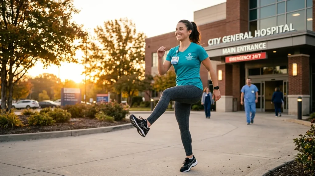 A nurse doing morning stretching exercises before a hospital shift to prepare the body for physical demands
