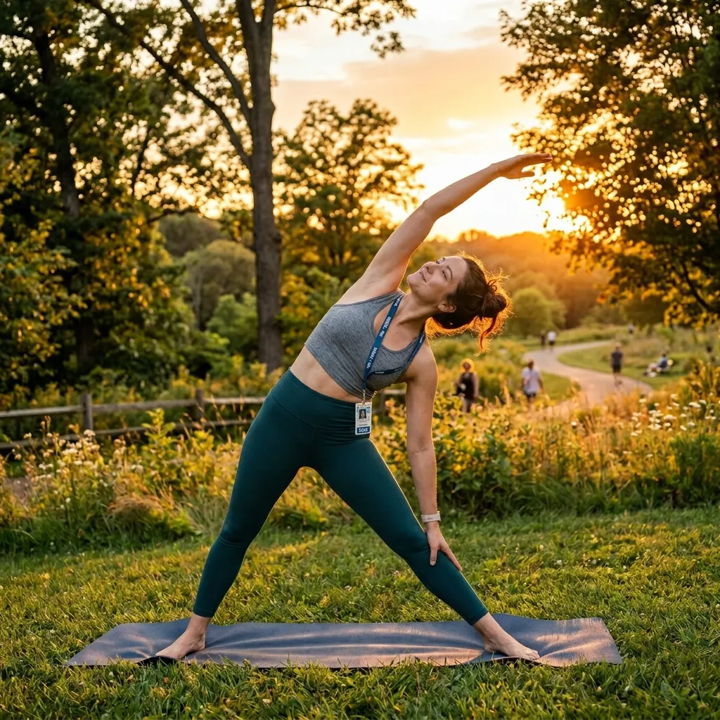 nurse doing yoga stretches outdoors after a hospital shift to release physical and emotional tension