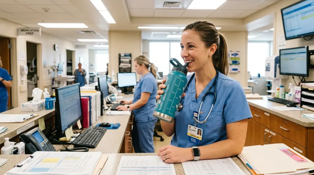 A nurse drinking water from a large insulated water bottle at a nursing station during a shift to stay hydrated