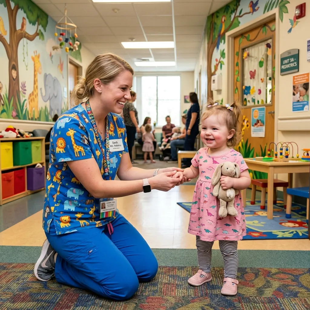 Pediatric nurse in colorful animal-print scrubs smiling and greeting a young child in a hospital ward
