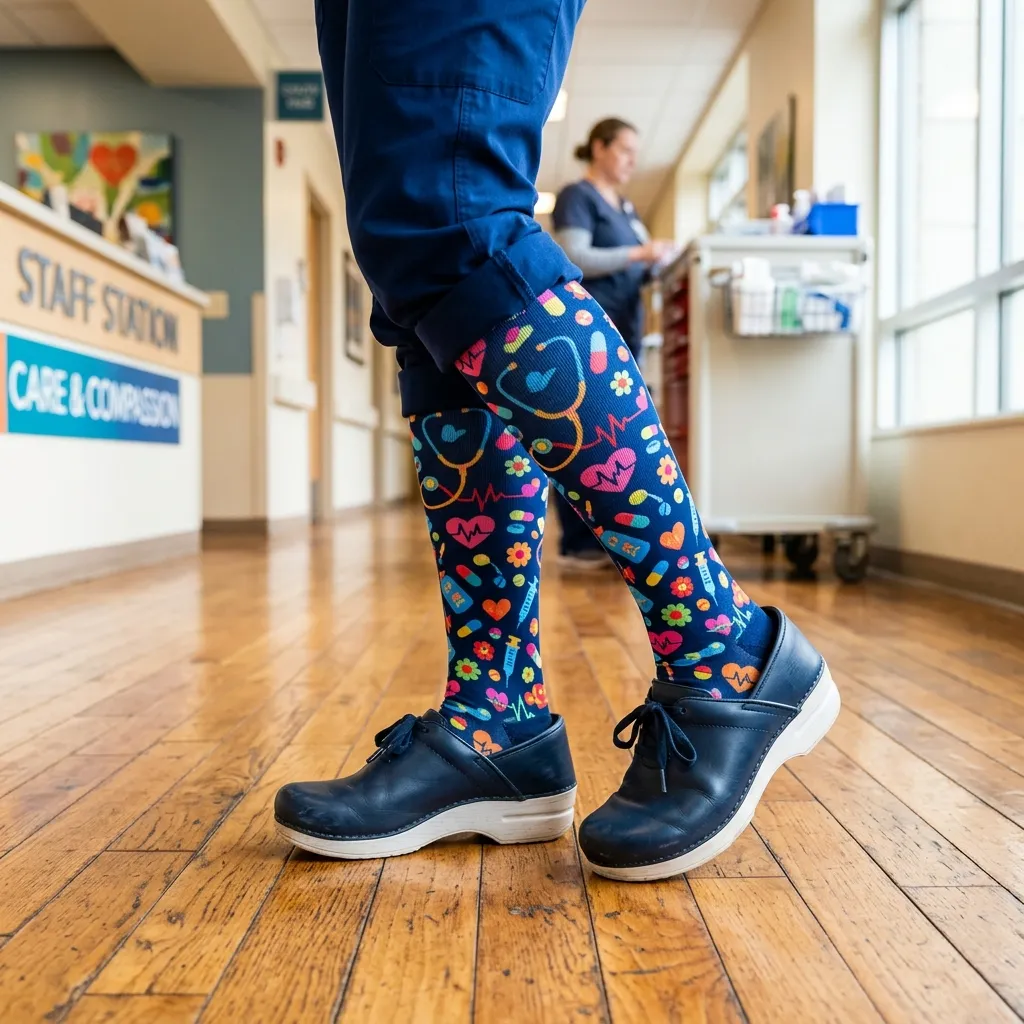 nurse wearing colorful compression socks for leg support and improved circulation during home health shifts
