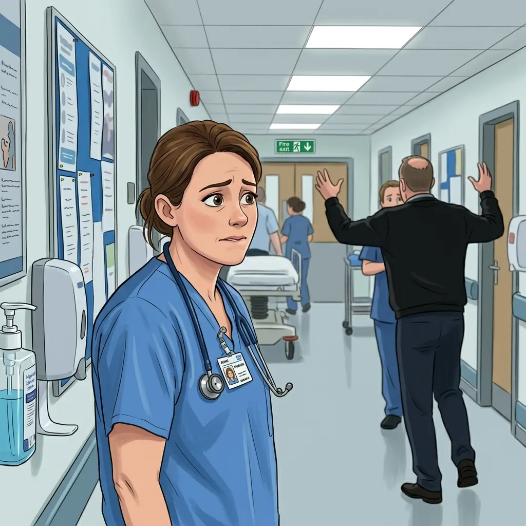 Nurse facing workplace aggression, illustrating the emotional and psychological toll of violence in healthcare settings