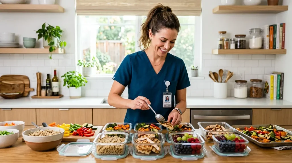 A nurse meal prepping healthy food containers with balanced meals including protein, vegetables, and grains for hospital shifts