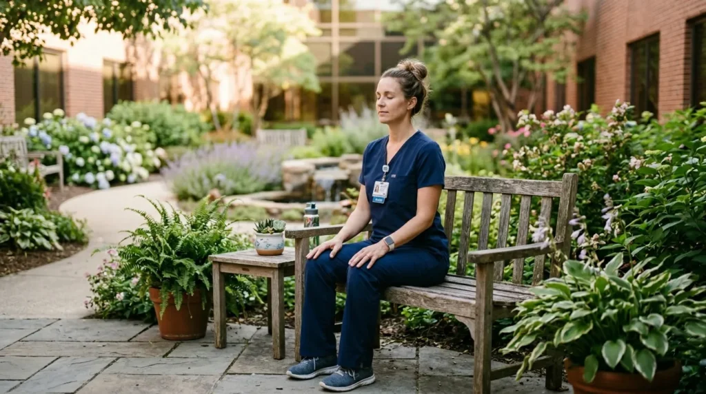 A nurse practicing mindfulness meditation during a hospital break, seated quietly with eyes closed and hands resting calmly