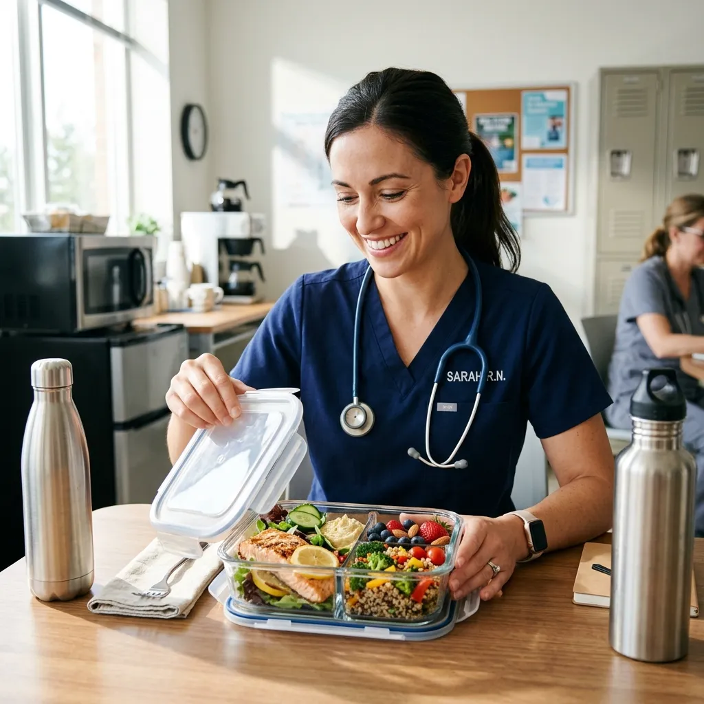 Nurse unpacking a healthy meal prep container with nutritious food in the hospital break room
