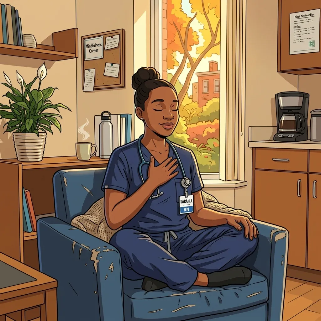 Nurse practicing mindfulness breathing exercises during a break as a stress management technique