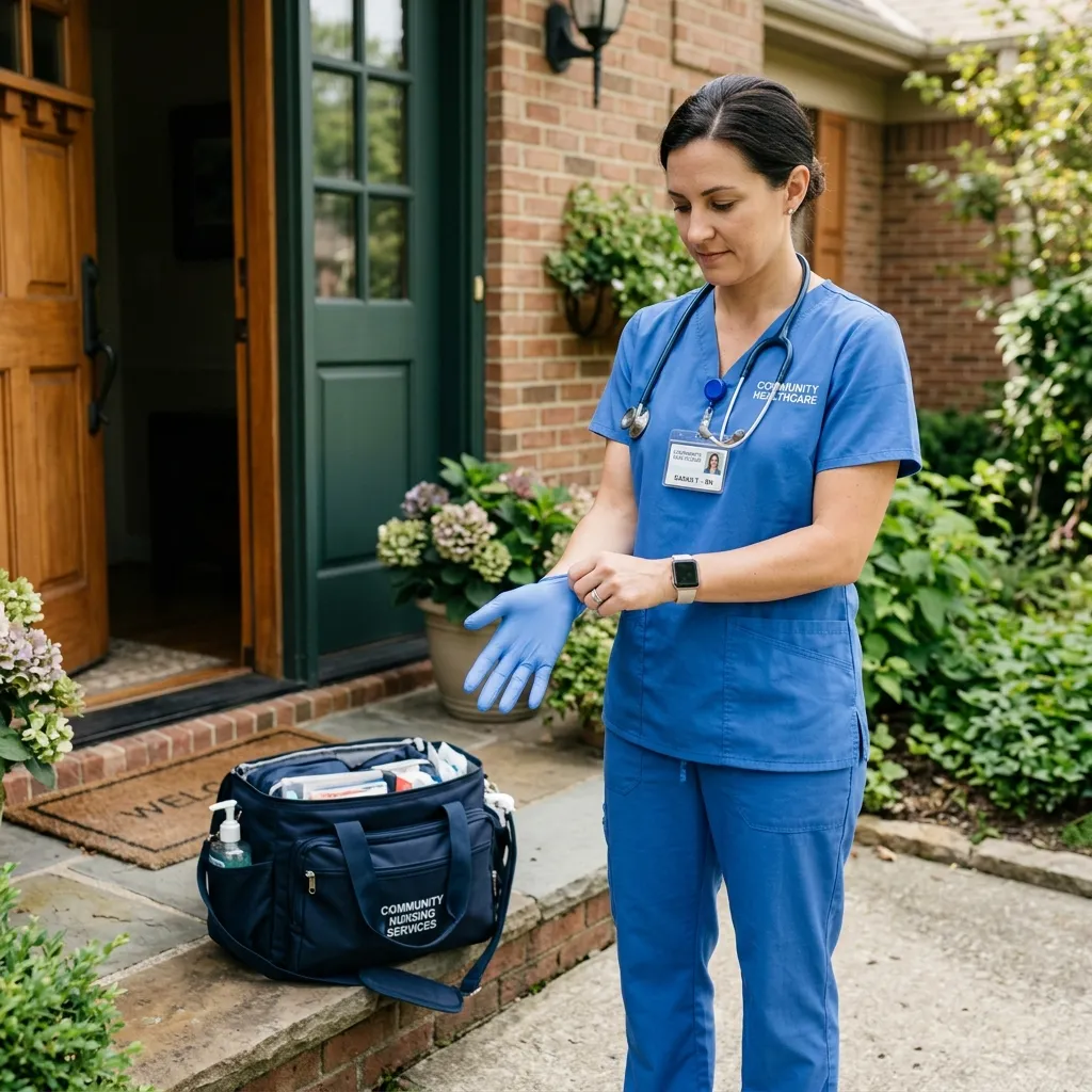 home health nurse putting on disposable gloves as part of infection control practices before a patient home visit