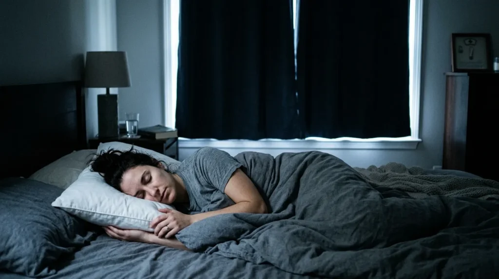 A nurse sleeping in a darkened bedroom with blackout curtains after a night shift, peaceful and restorative sleep