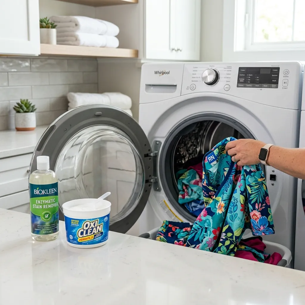 Pediatric nurse's colorful scrubs being loaded into a washing machine with stain remover and bleach nearby
