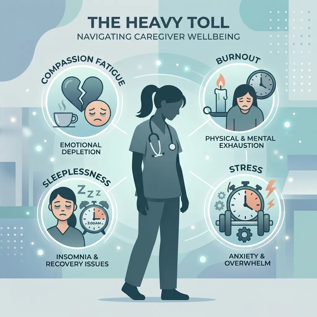 Infographic-style illustration showing the emotional health challenges facing nurses, including burnout, compassion fatigue, and stress