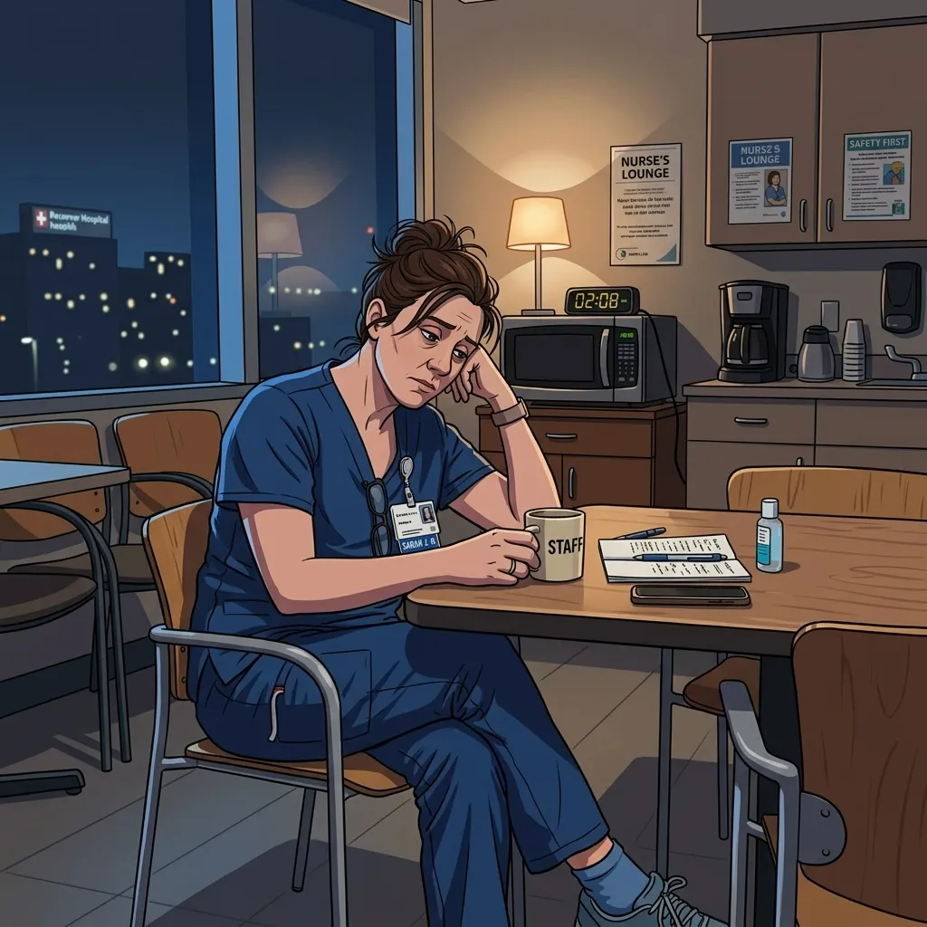 Exhausted nurse in hospital break room at night highlighting the need for self-care