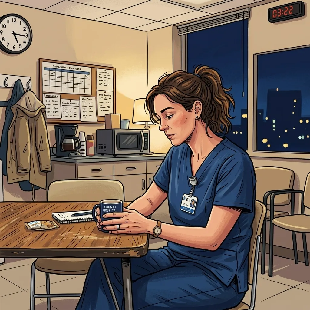 A nurse experiencing job-induced stress during a late-night hospital shift