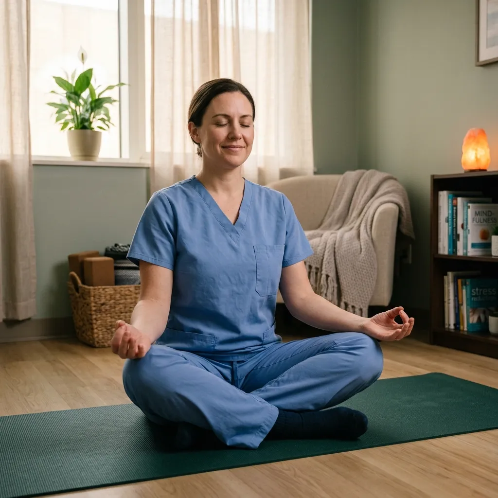 Nurse practicing box breathing or mindfulness meditation in a quiet hospital space between patient rounds