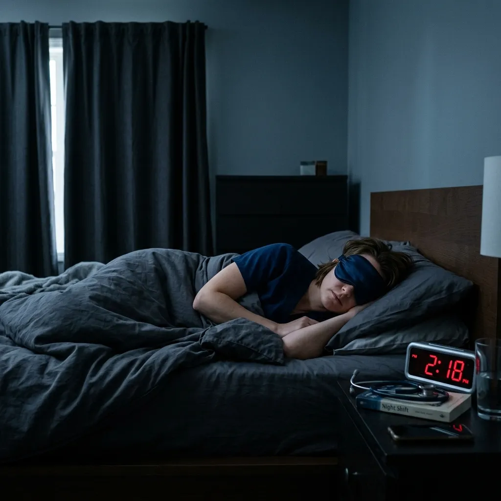 Night shift nurse using blackout curtains and eye mask to improve sleep quality after working overnight hours
