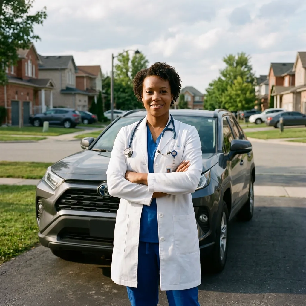 home health nurse in a white lab coat over scrubs ready for a professional community nursing visit