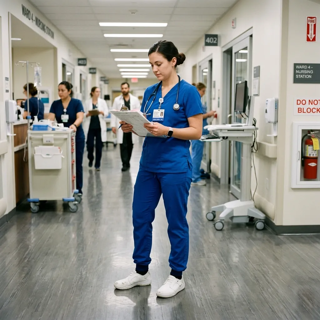 A nurse standing in a hospital corridor wearing brand new white nursing shoes during a long shift