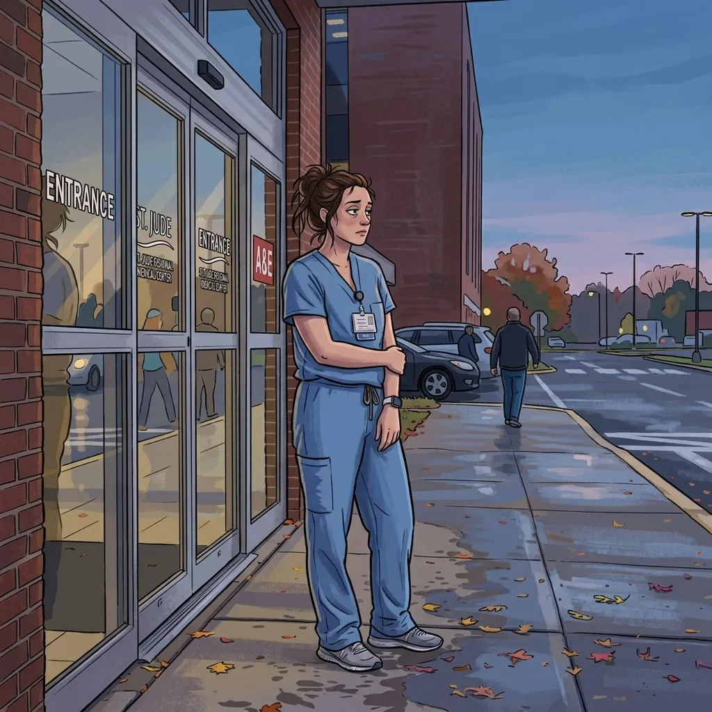 Nurse experiencing compassion fatigue and emotional exhaustion after a difficult hospital shift