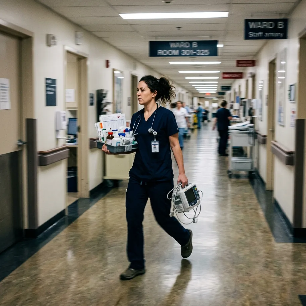 A nurse walking briskly down a hospital hallway during a busy 12-hour shift, illustrating the physical demands on footwear