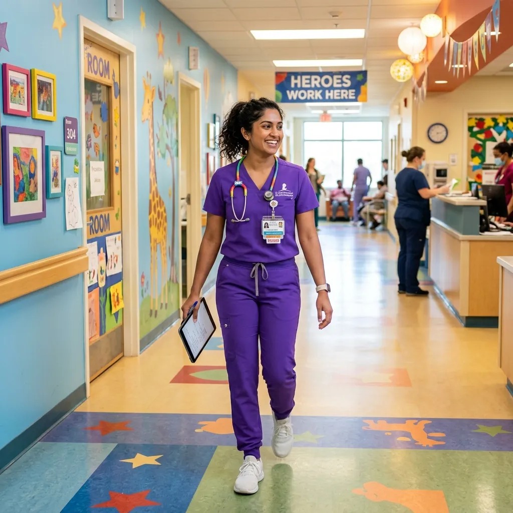 Confident pediatric nurse in purple scrubs walking through a colorful children's hospital corridor