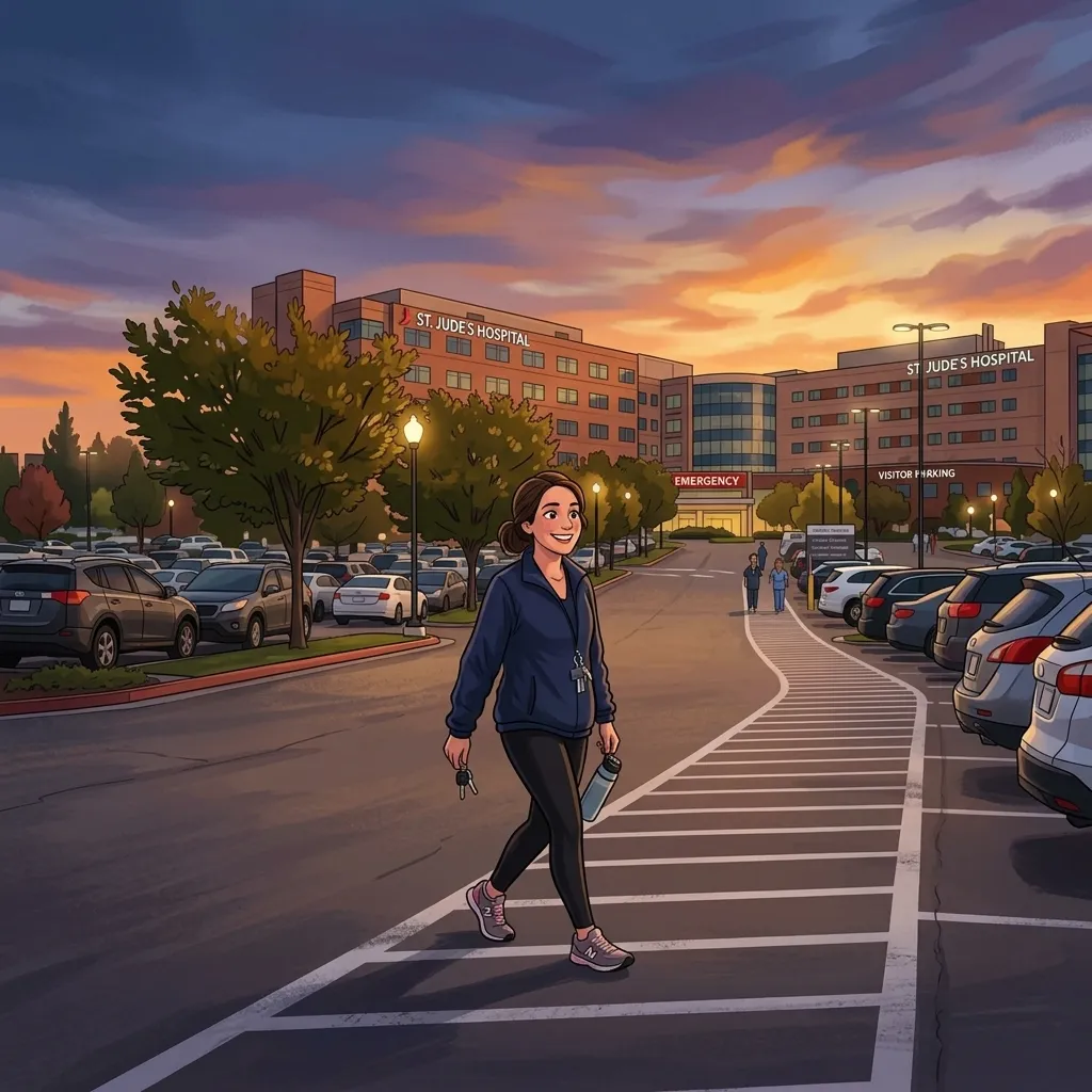 Nurse going for a decompressing walk after a stressful shift as part of a stress management routine