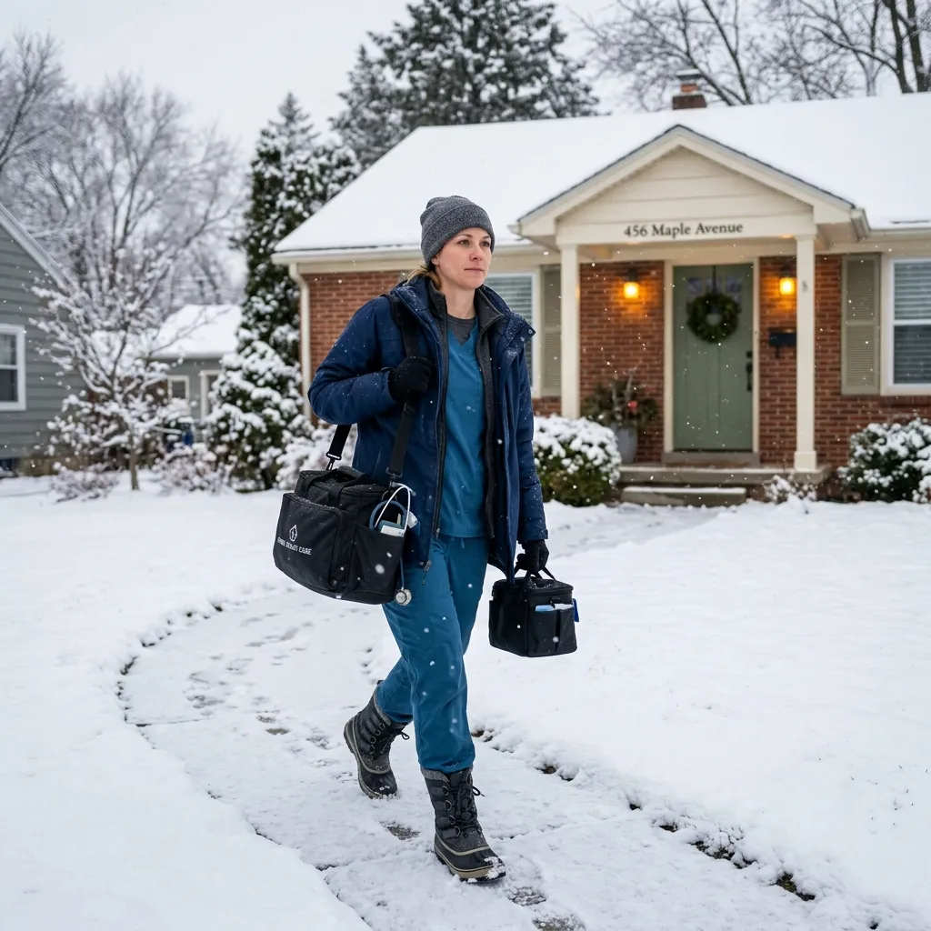 home health nurse dressed in winter layering system with waterproof jacket over scrubs during a snowy community nursing visit