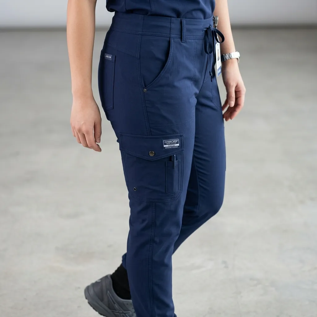 home health nurse wearing cargo scrub pants with multiple pockets for carrying nursing supplies