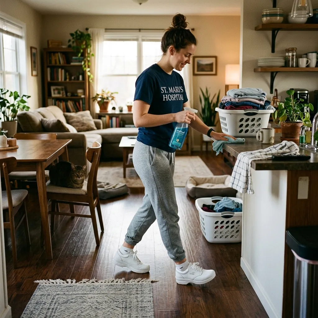 A nurse wearing new nursing shoes at home during the gradual break-in schedule to avoid blisters at work