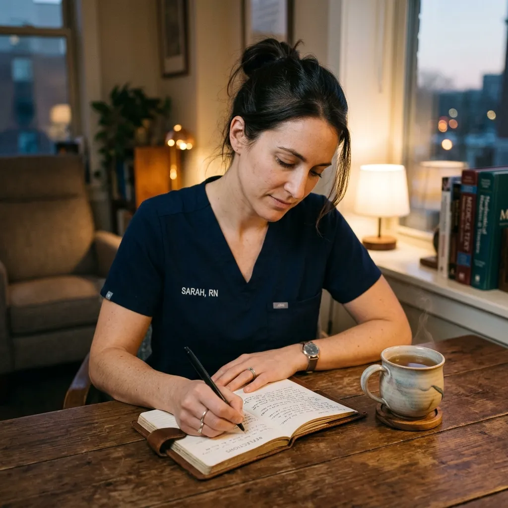 urse writing in a personal journal during a break, practicing self-reflection as a coping strategy for emotional well-being