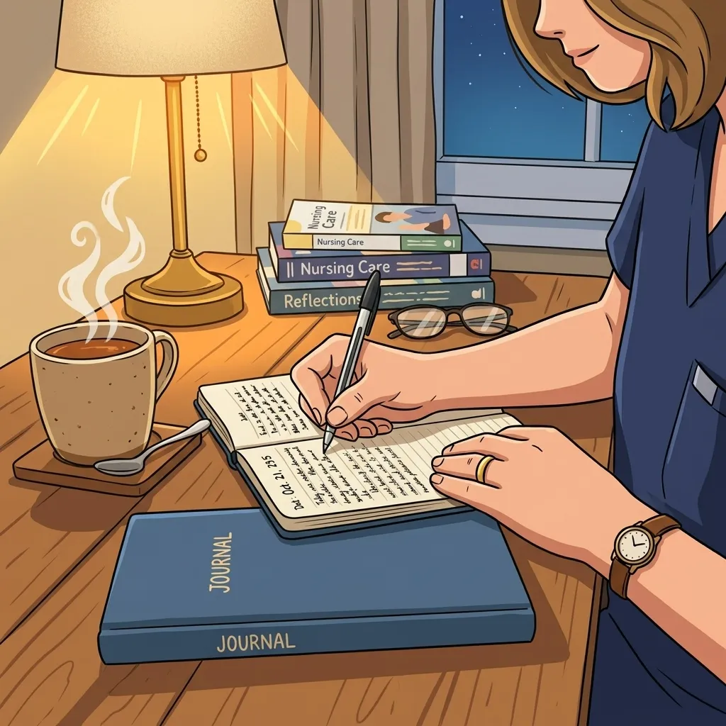 Nurse journaling after a difficult shift to process emotions and reduce cortisol levels