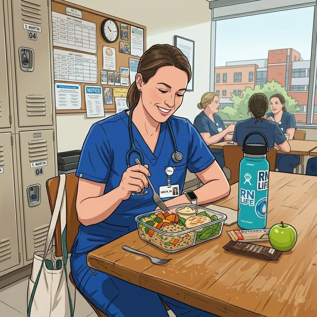 Healthy meal prep and hydration supplies packed by a nurse for a 12-hour hospital shift